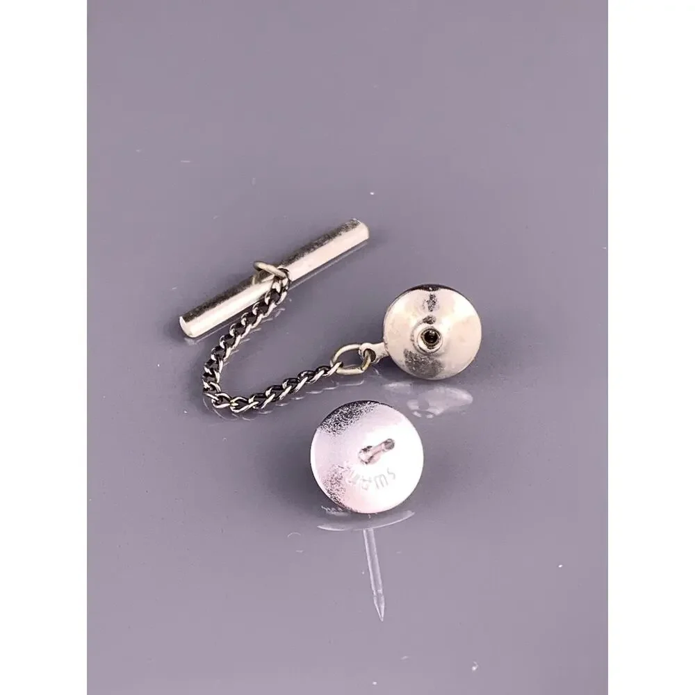 Gray Faceted Rhinestone Tie Tack Pin Silver Tone Round Swank Vintage